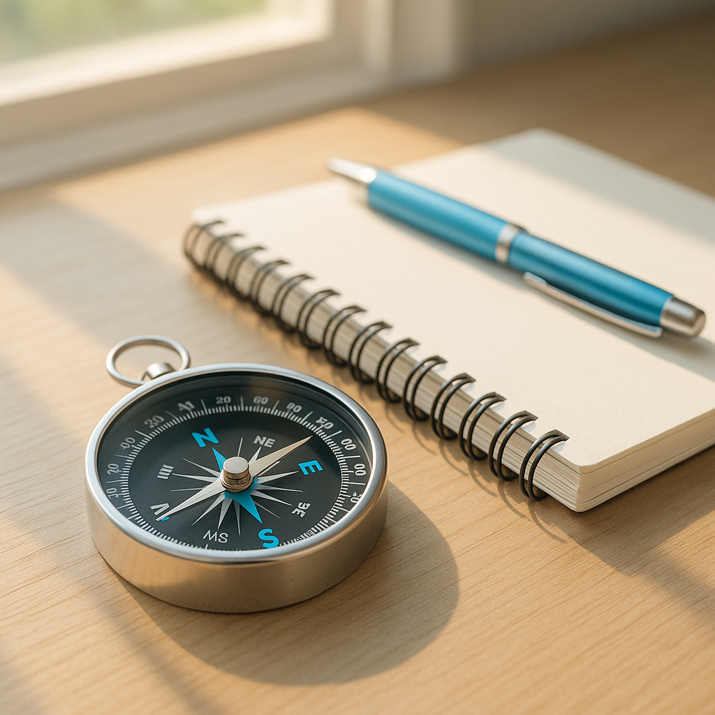 A compass on a desk, symbolizing guidance and a clear path.