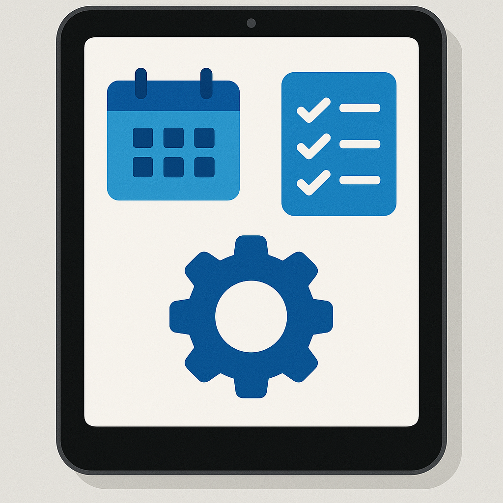 A tablet screen showing various digital tools like a calendar and settings.