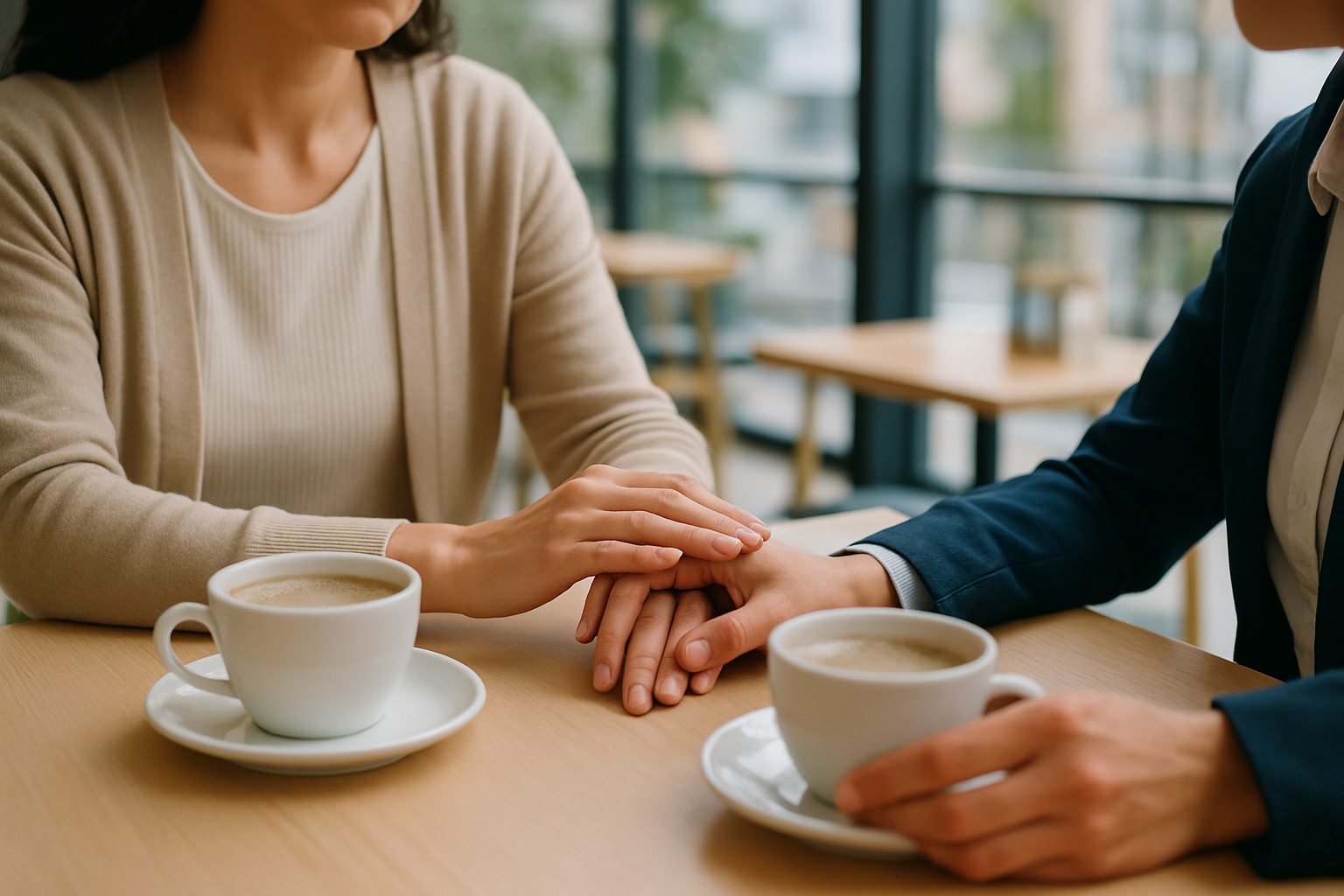 Two people having a supportive conversation over coffee.